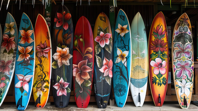 collection of different colorful surf boards used as a decoration.