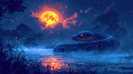 Fototapeta premium A large snake in a water body, under a full moon's backdrop