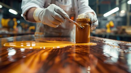Industrial worker meticulously finishing a product on a shiny wooden surface - Powered by Adobe