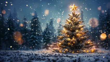Fototapeta na wymiar Christmas tree with shining star in winter night forest, glowing Christmas tree on snow background
