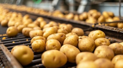 Automated potato factory. Conveyor at a food factory.