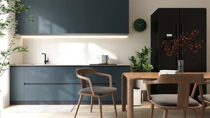 Modern dining room, kitchen with wooden table and chairs, dark teal blue counter cabinet, cupboard, tree and black refrigerator in sunlight for interior design decoration background 3D