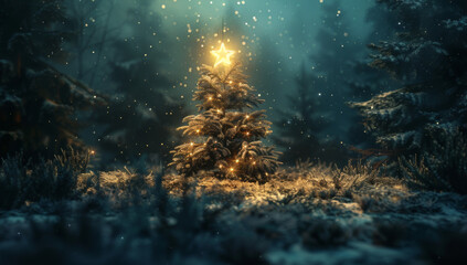 Fototapeta na wymiar Christmas tree with shining star in winter night forest, glowing Christmas tree on snow background