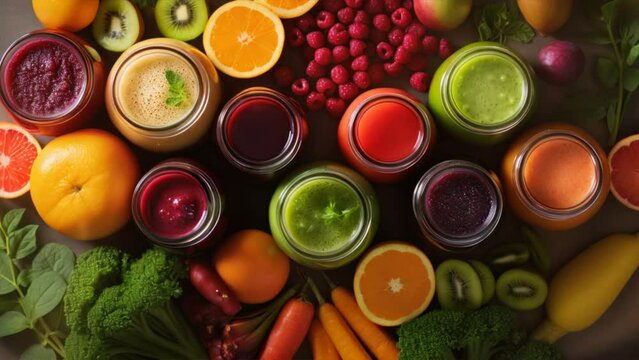 Fresh fruit and vegetable smoothies or juice in bottles with various ingredients 