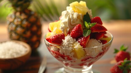 Develop a tropical strawberry sundae with coconut ice cream pineapple chunks - obrazy, fototapety, plakaty