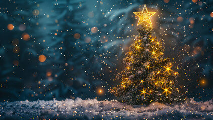 Obraz premium Christmas tree with shining star in winter night forest, glowing Christmas tree on snow background