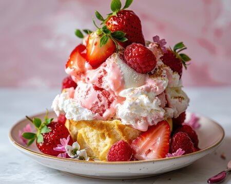 Design an elegant strawberry shortcake sundae with sponge cake pieces strawberry ice cream