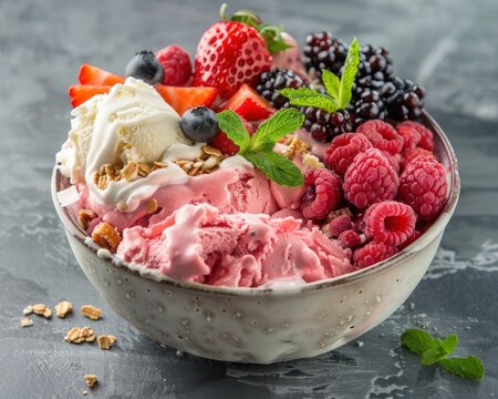 Depict a strawberry sundae smoothie bowl with strawberry ice cream fresh fruit