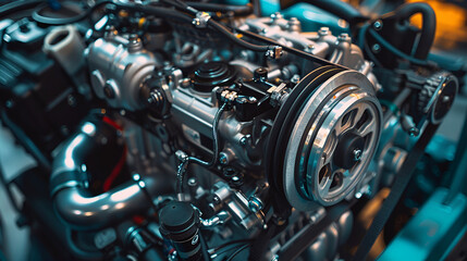 Detailed close-up of a modern engine being manufactured at a high-tech factory, showing intricate design and elements ,Witness the Power and Efficiency of a Car Engine in Action, Showcasing Automotive