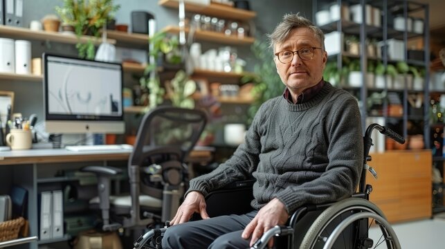 Wheelchair user working in a modern accessible office space
