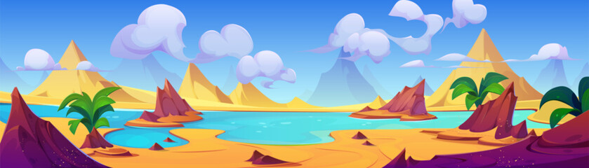 Desert landscape with dunes and lake. Cartoon vector illustration of empty drought sand scenery with hills, water pond or river with bushes on shore, blue sky with clouds on sunny summer day. - obrazy, fototapety, plakaty