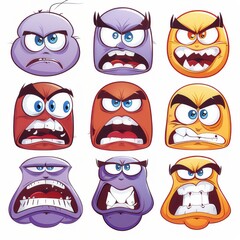 Clipart illustration with various types of angry face on a white background.	