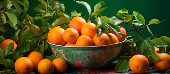On a wooden table sits a bunch of oranges in a decorative bowl, creating a vibrant and colorful display in a cozy setting