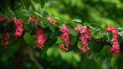 close up maile vine on blurred forest background. Horizontal nature border with green leaves and flowers for lei day..