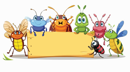 Cute insects cartoon holding blank sign flat vector 