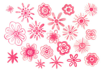 Decorative flowers of pink color isolated on a white background. Gentle watercolor painting. Flowers consist of lines, circles, dots, wavy lines. Decorative petals. Different shades.