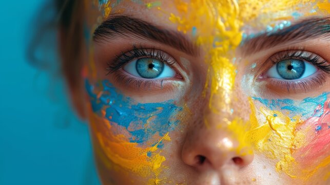   A tight shot of a woman's face, her blue eyes peeking out amidst yellow and red paint smears