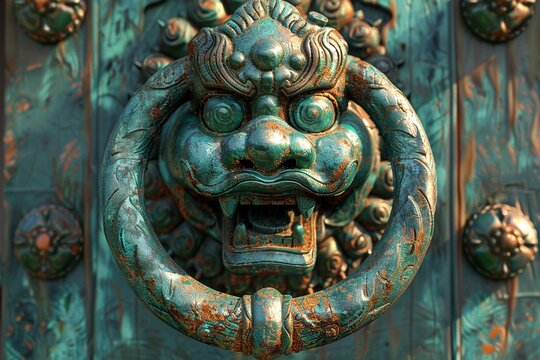 Photorealistic image of an ornate door knocker, vibrant patina in natural light ,3DCG,clean sharp focus