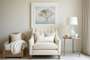 Simple and cozy living room setup with white frame, armchair, table, lamp.