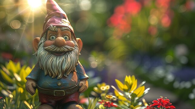 Random sculpted garden gnome, photorealistic, vibrant paints, in garden sunlight ,3DCG,clean sharp focus