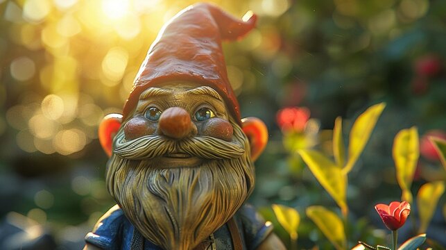 Random sculpted garden gnome, photorealistic, vibrant paints, in garden sunlight ,3DCG,clean sharp focus