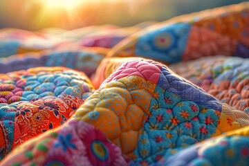 Unique patchwork quilt, photorealistic, vibrant patterns in the soft afternoon sun ,3DCG,clean sharp focus - obrazy, fototapety, plakaty