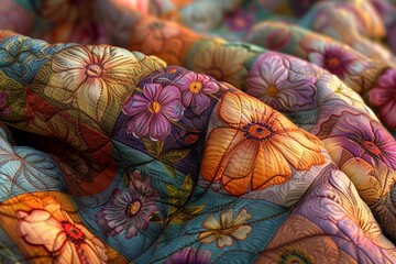 Unique patchwork quilt, photorealistic, vibrant patterns in the soft afternoon sun ,3DCG,clean sharp focus