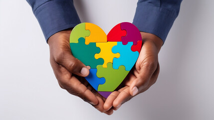 Hands Holding a Heart-Shaped Puzzle with Colorful Pieces, Concept of Autism Awareness, Diversity and Complexity of Emotional Spectrum. World Autism Awareness Day