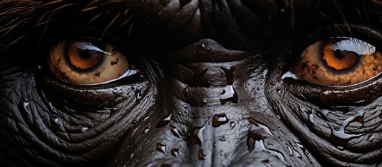 Close-up view of a gorilla's expressive eyes, with a shiny wet surface reflecting light - obrazy, fototapety, plakaty