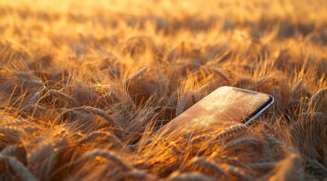   A cell phone rests in the midst of a field, surrounded by tall grasses The sun casts light upon its screen