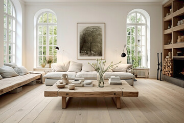 Serene Scandinavian living space featuring dual sofas, an aged wooden table, and an unoccupied...