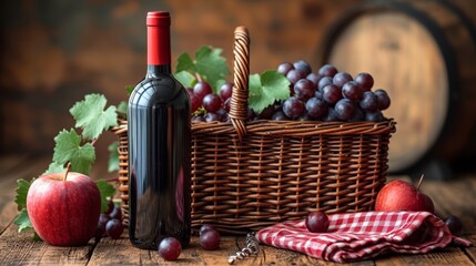 Obraz premium A wooden table holds a basket of grapes, an apple, and another basket of grapes, along with a bottle of wine