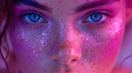   A tight shot of a woman's face adorned with freckles dotting her complexion, including those around her eyes - obrazy, fototapety, plakaty