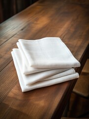 A stack of white napkins on a wooden table