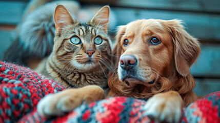 Dog and cat sit together
