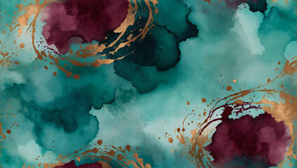 Eastern Influence Abstract Watercolor Background in Aquamarine, Burgundy, and Copper. - obrazy, fototapety, plakaty