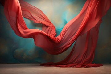 Elegant red fabric flowing on colorful backdrop