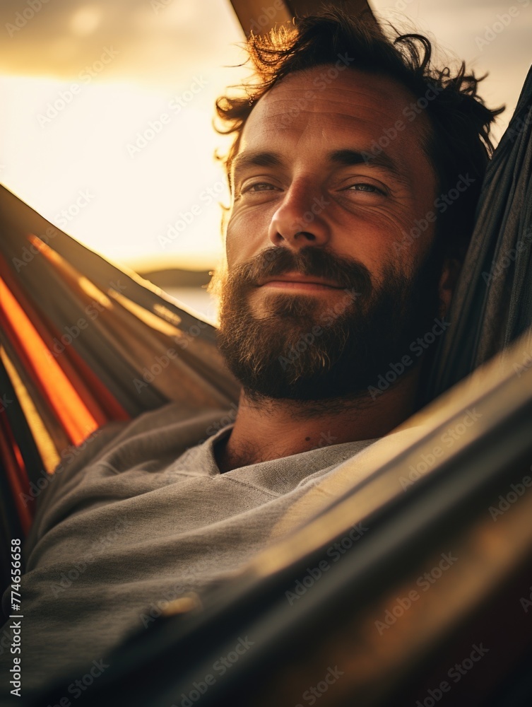 Poster a man with a beard is laying in a hammock
