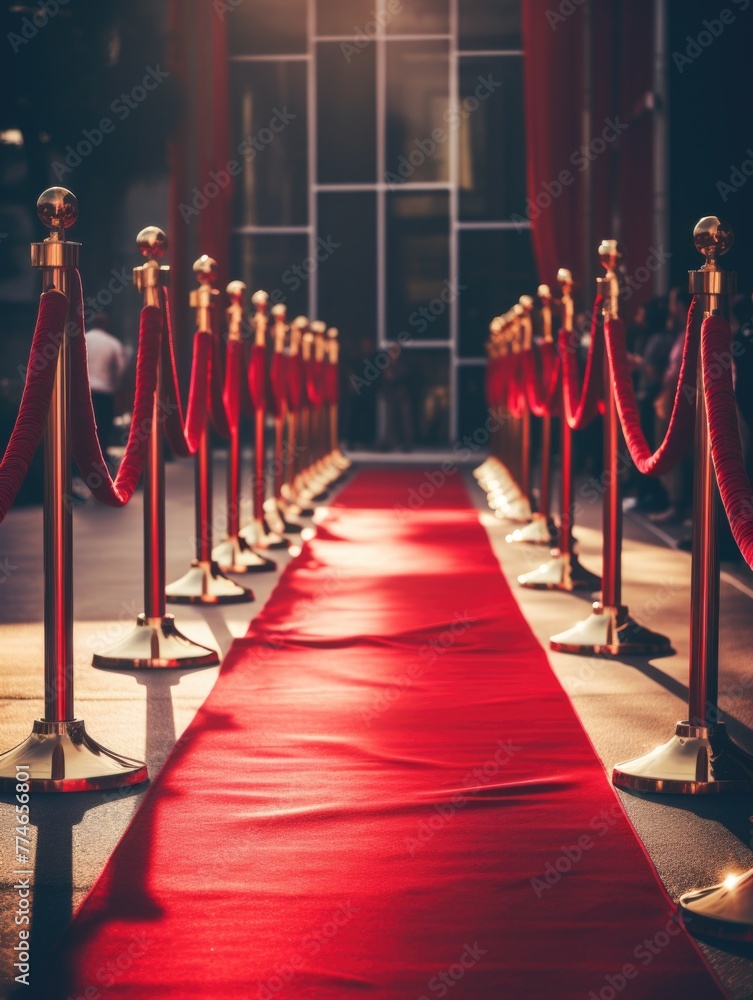 Poster a red carpet is laid out in front of a building with a red curtain