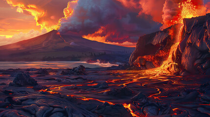 volcanic landscapes with lava. - obrazy, fototapety, plakaty