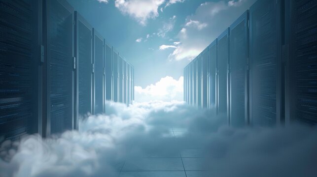 Cloud computing concept with an image of servers and data storage systems hosted in the cloud
