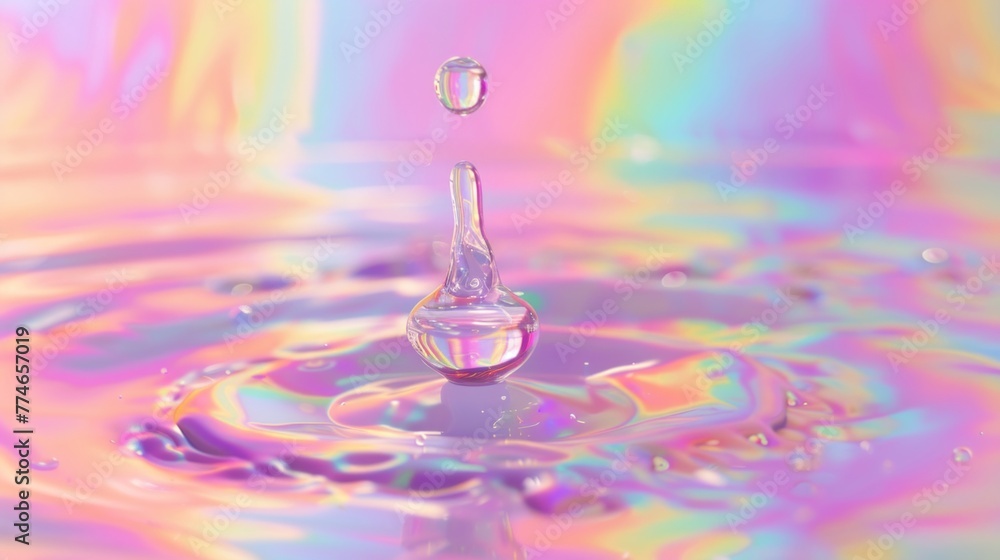 Poster a drop of water descends into a vibrant liquid, creating ripples and mixing colors in a dynamic disp