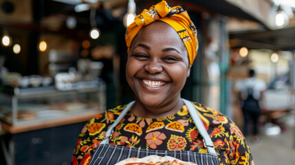 A happy, obese black woman in her forties smiles while holding a plate of food