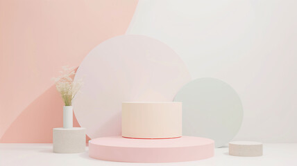 An empty round podium for presenting cosmetic products on a pink background