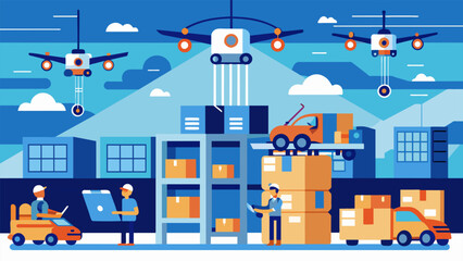 Obraz na płótnie Canvas A panoramic shot of a busy logistics and distribution center with a swarm of autonomous drones hovering above the warehouse floor all