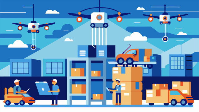A panoramic shot of a busy logistics and distribution center with a swarm of autonomous drones hovering above the warehouse floor all
