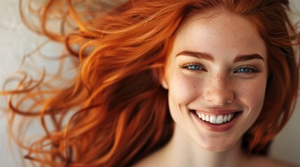 A close-up portrait of a young woman with vibrant red hair and freckles, smiling with her eyes closed, feeling joyful.