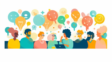 Fototapeta premium Inclusive business meeting, a flat illustration of a diverse and colorful crowd sharing ideas.