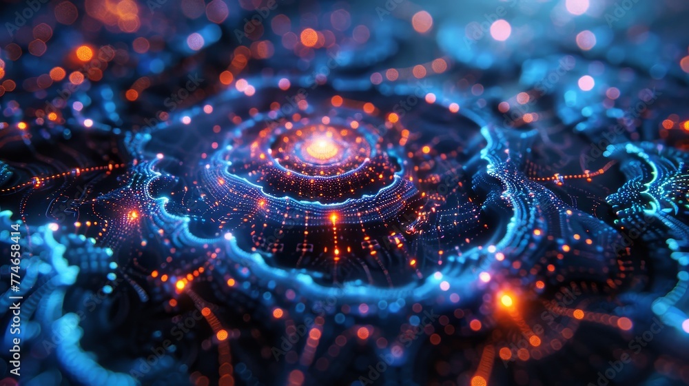 Poster a holographic screen displaying intricate patterns and designs