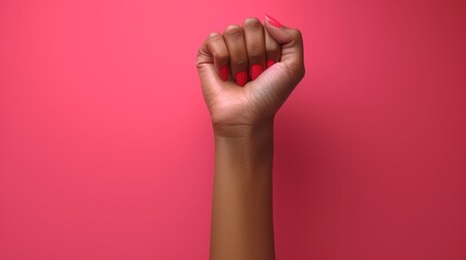   A hand in close-up, thumb sporting red nail polish against a soft pink background
